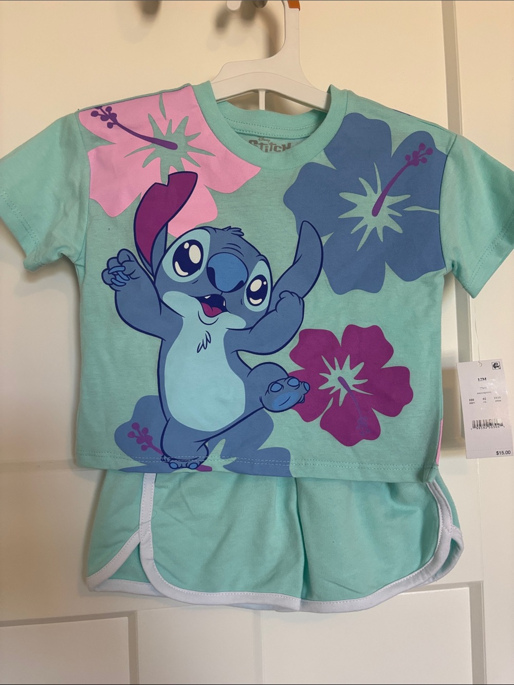 Disney Aqua Stitch Floral Short Sleeve Pajama Set size 12 M